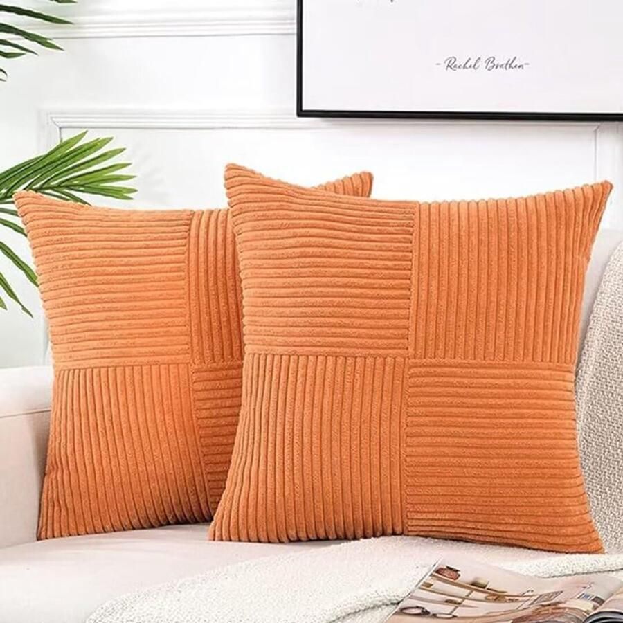 Kussensloop 50 x 50 cm set van 2 corduroy kussenslopen kussenovertrek sierkussensloop sierkussen sofakussen voor bank slaapkamer woonkamer balkon stoel oranje