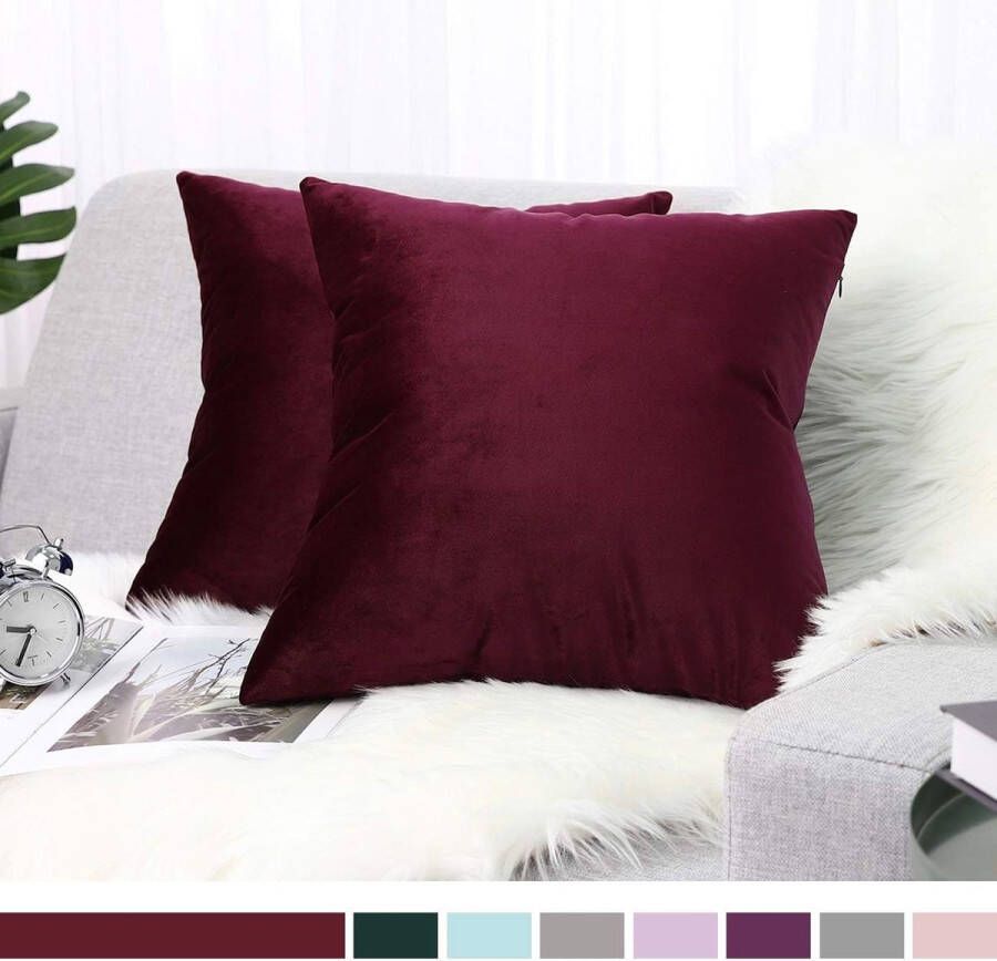 Kussensloop 50 x 50 cm set van 2 zacht effen modern vierkant sierkussenhoezen voor kerstdecoratie woonkamer bank slaapkamer auto wijnrood