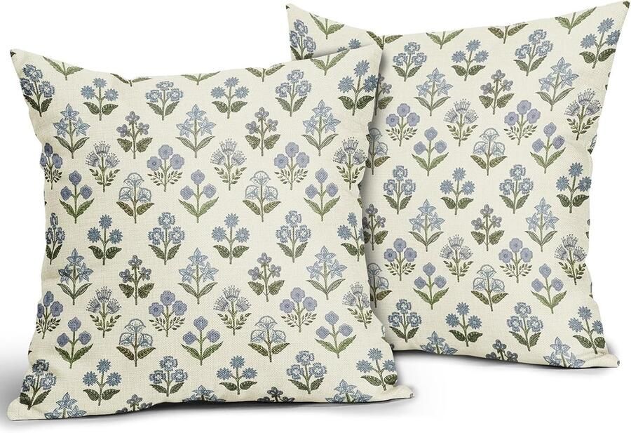 Kussensloop Bedrukte kussensloop Blauwgroene kussenslopen met blokprint Vintage kussensloop met bloemenmotief -Boerderij slaapbank decoratie -45×45cm set van 2