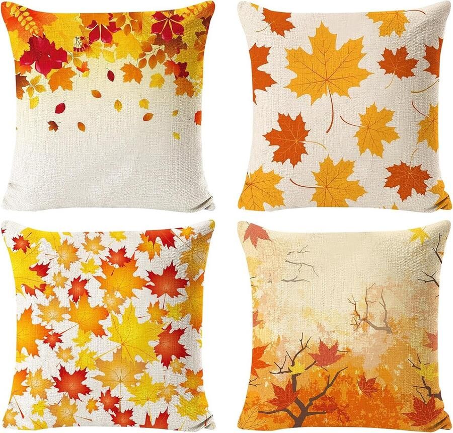 Kussensloop herfst 4 stuks esdoornblad kussenslopen 45 x 45 cm decoratieve kussensloop oogstfeest herfst linnen sierkussen herfstkussen pompoen voor bank slaapkamer woonkamer