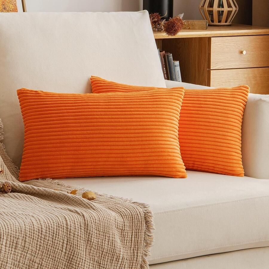 Kussensloop Herfst ribfluwelen sierkussensloop sierkussen sofakussen corduroy decoratieve zachte sierkussenovertrekken voor bank stoel thuis slaapkamer 30 x 50 cm oranje