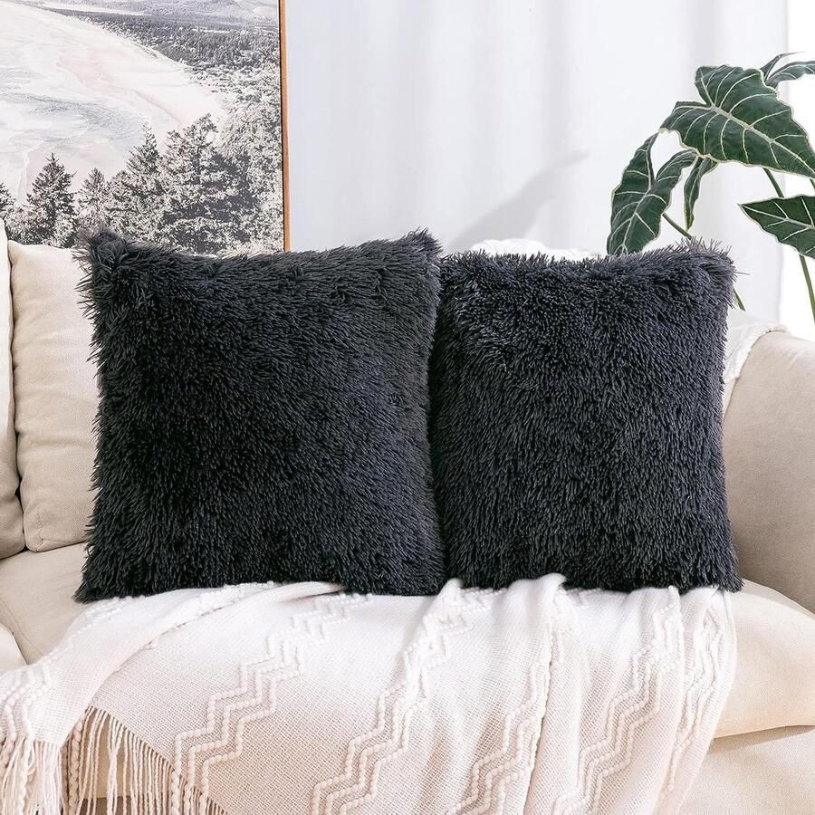 Kussensloop imitatiebont pluizig zacht vierkant pluchen kussenhoes woonkamer bank slaapkamer donkergrijs 60 x 60 cm kussenhoes 60x60