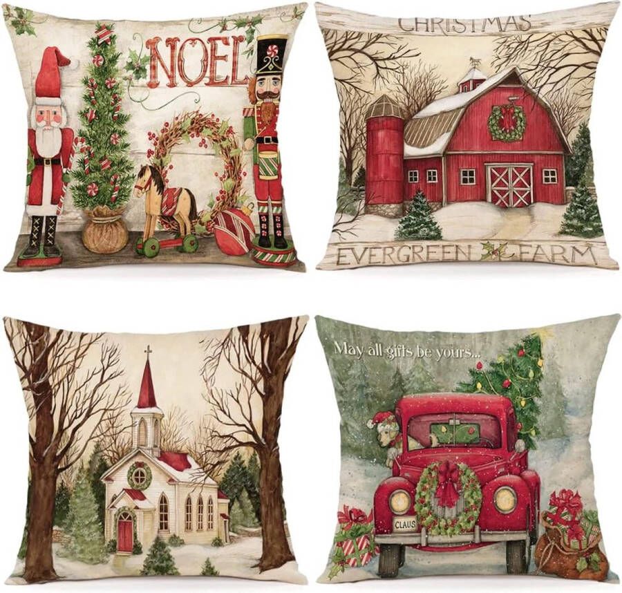 Kussensloop Kerstmis 40 x 40 cm set van 4 kussenslopen sierkussen linnen kussenhoezen voor decoratie Kerstmis bank slaapkamer bank kussensloop 40 x 40 cm