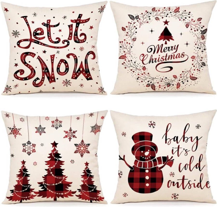 Kussensloop Kerstmis 45 x 45 cm set van 4 kussenslopen sierkussen linnen kussenhoezen voor decoratie Kerstmis bank slaapkamer bank kussensloop 45 x 45 cm - Foto 2
