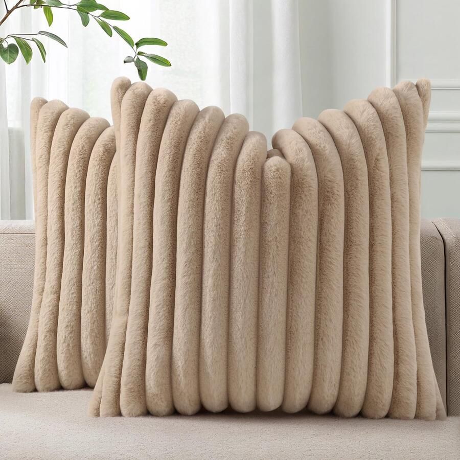 Kussensloop Kussenhoezen van imitatiebont 45x45cm pluizige gestreepte decoratieve kussenslopen voor bank woonkamer 2 stuks crèmebruin