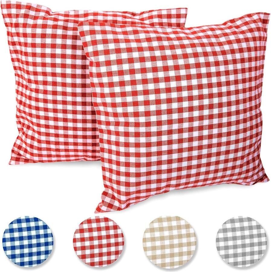 Kussensloop set van 2 decoratie voor bank en terras 50 x 50 cm rood wit geruit 100% katoen