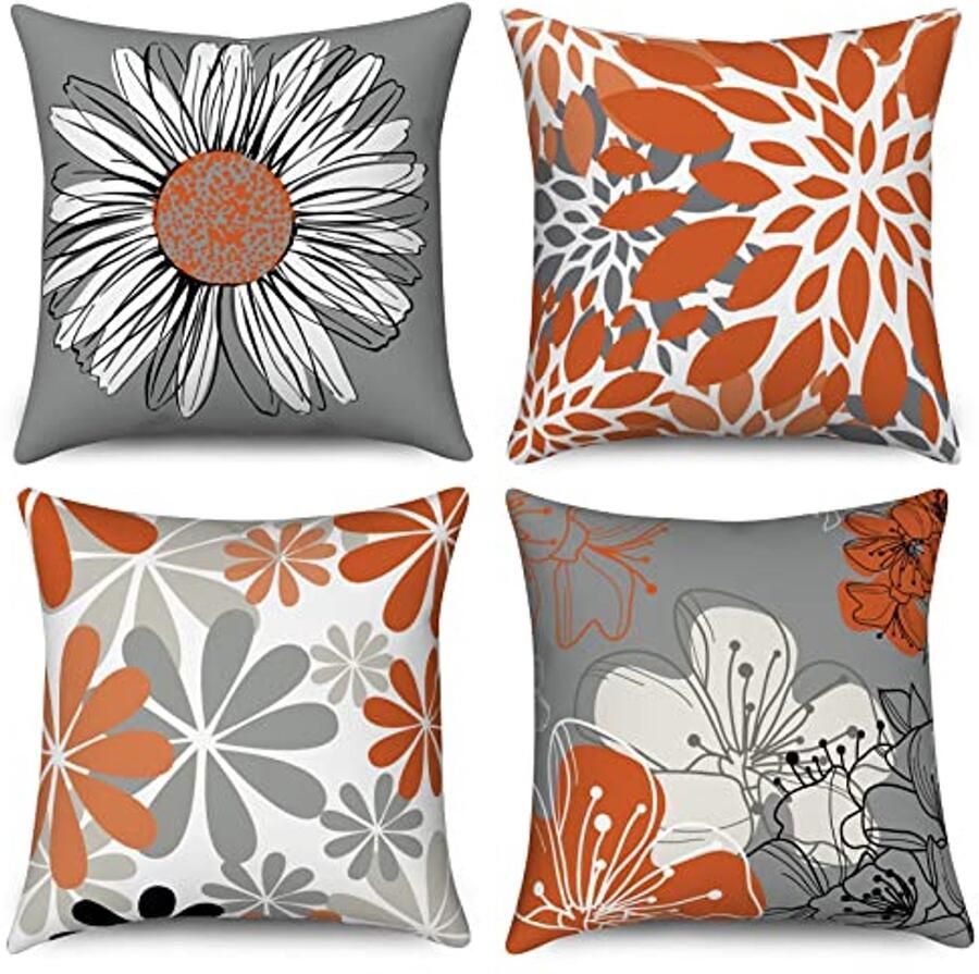 Kussensloop Set van 4 Orange 45x45 cm Modern Bloemen Linnen Wasbaar voor Bank en Hoofdkussen