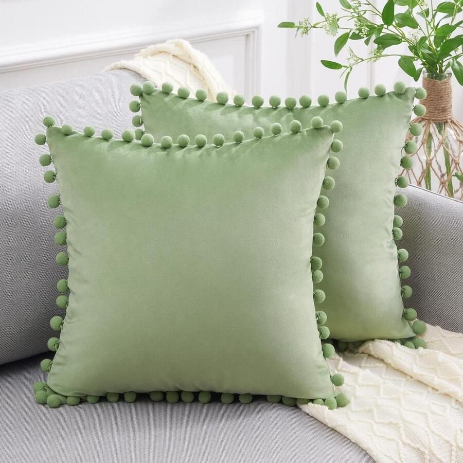 Kussenslopen 2 stuks 40 x 40 cm boho-kussensloop saliegroen fluwelen pompon lente zachte kussenhoes met onzichtbare rits voor sofa stoel woonkamer