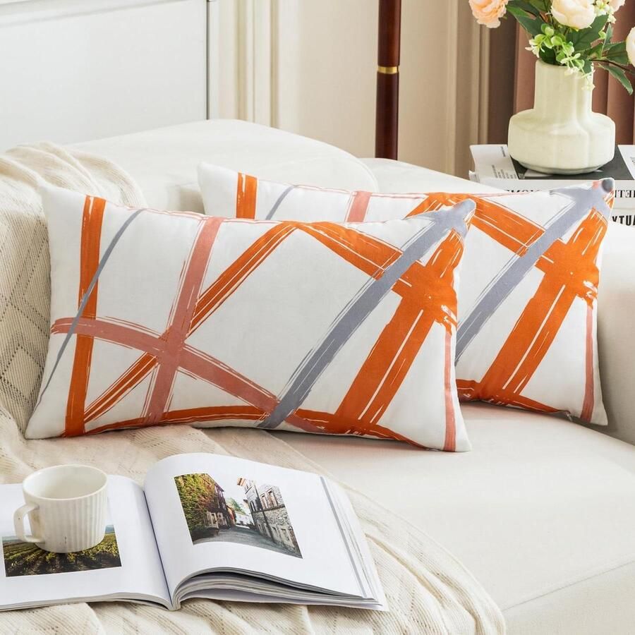 Kussenslopen 30 x 50 cm Oranje grijs Set van 2 Woondecoratie fluweel geometrisch Bank bed slaapkamer woonkamer kussensloop 30x50