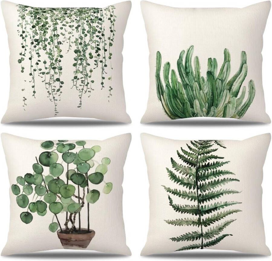 Kussenslopen 40 x 40 cm linnen kussenslopen set van 4 groene bladeren decoratieve kussensloop kussenhoes voor bank slaapkamer tuin outdoor