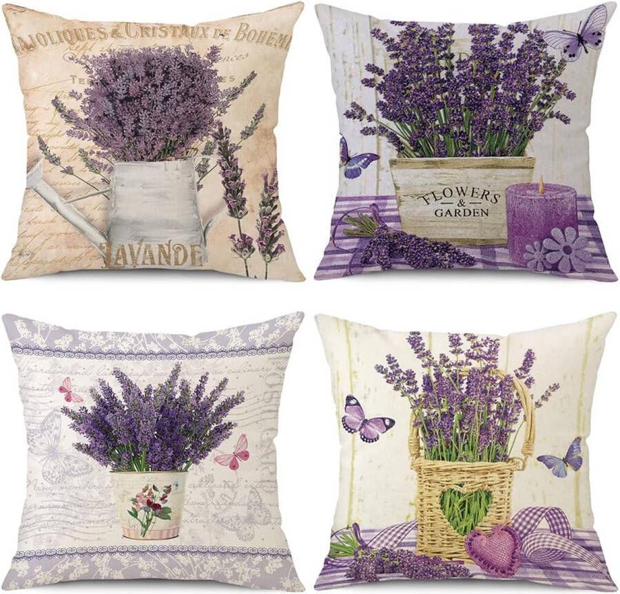 Kussenslopen 45 x 45 cm set van 4 decoratieve kussenhoezen paars lavendel landelijke stijl voor slaapkamer bank stoel bed tuin