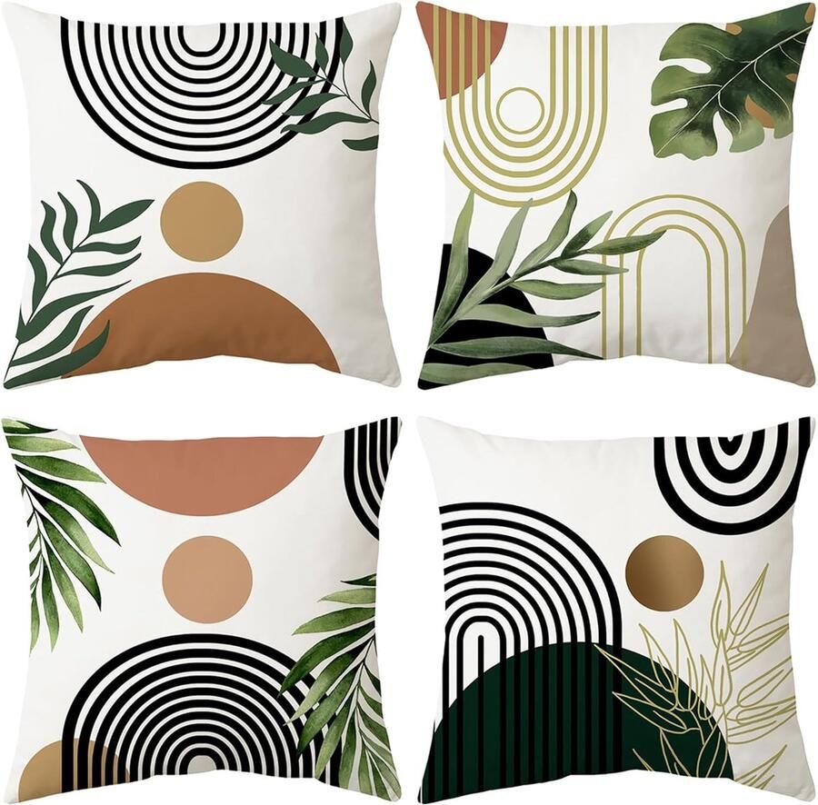 Kussenslopen 45 x 45 cm Set Van 4 Fluwelen Decoratieve Kussenhoes Sierkussenslopen Met Verborgen Ritssluiting Geschikt Voor Slaapkamer Kantoor Bank (Blad)