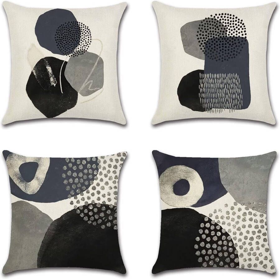 Kussenslopen 45x45cm Set van 4 stuks Modern Decor Esthetisch Kleurrijk Abstract Geometrische Minimalistische Kussenslopen voor Bank Sofa Home Decorations (45x45cm Grijs Blauw Zwart)