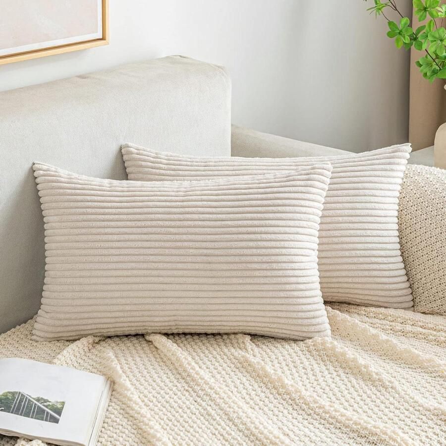 Kussenslopen corduroy langwerpige kussenslopen gestreepte zachte hoes bank slaapkamer decoratie 30 x 50 cm set van 2 beige fluweel interieur styling kussensloop 30x50