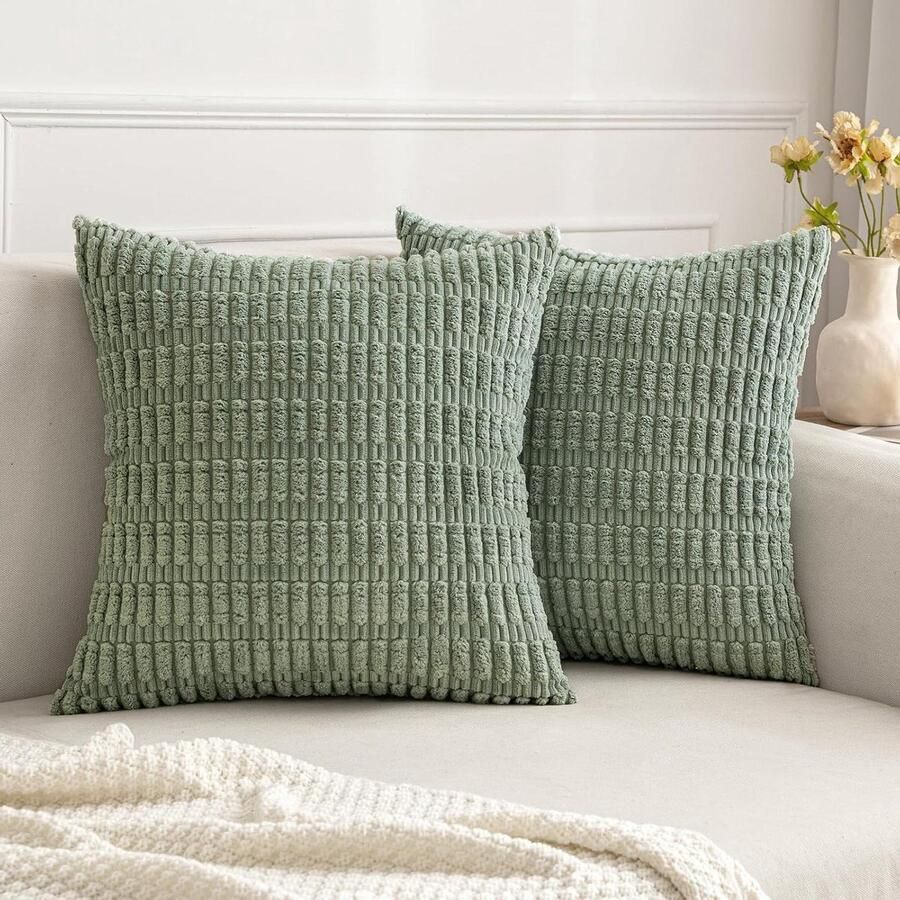 Kussenslopen corduroy vierkant grijsgroen 45 x 45 cm set van 2 woonkamer bank slaapkamer rustiek modern boerderij boho interieur
