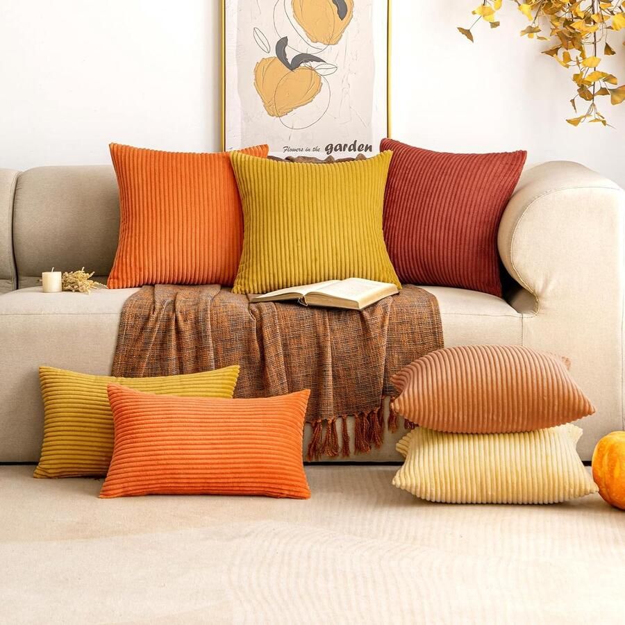 Kussenslopen Corduroy Vierkante Sierkussenslopen Gestreepte Zachte Sham Thuis voor Sofa Bank Slaapkamer Decoratieve Kussenslopen 16x16 Inch 40x40cm Set van 2 Oranje