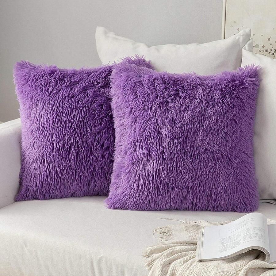 Imitatiebont pluizige zachte kussenslopen vierkante schattige pluchen kussenhoes woonkamer bank slaapkamer paars 45 x 45 cm