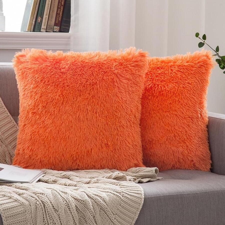Kussenslopen imitatiebont pluizig zacht decoratief vierkant pluchen kussenhoezen woonkamer bank slaapkamer helder oranje set van 2 40 x 40 cm