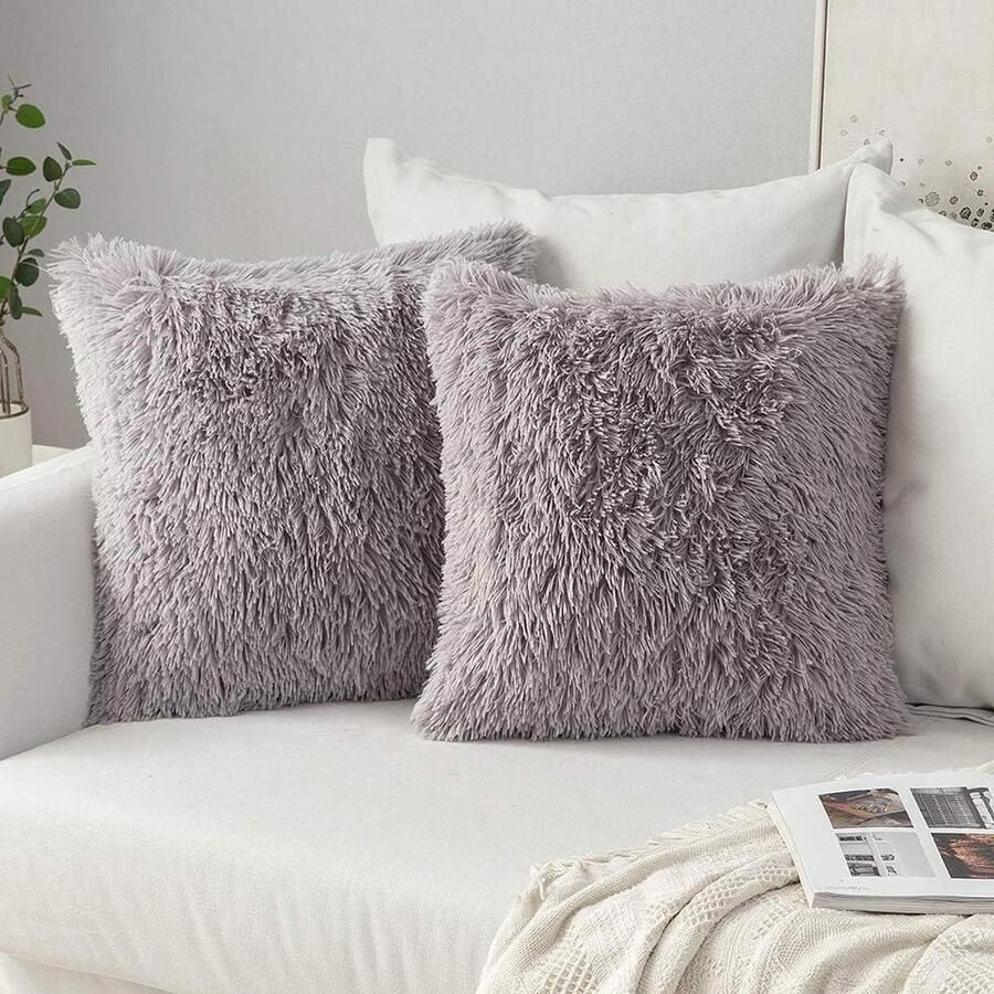Kussenslopen imitatiebont pluizig zacht decoratief vierkante kussenhoezen kunstbont woonkamer bank slaapkamer 50 x 50 cm grijs