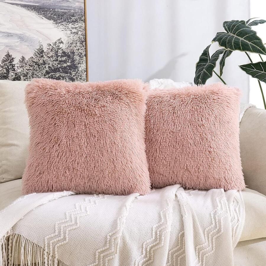 Set van 2 kussenslopen imitatiebont pluizig en zacht decoratief vierkant schattig pluchen kussenhoes woonkamer bank slaapkamer 40 x 40 cm lederkleurig poederkleurig