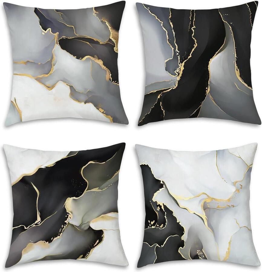 Kussenslopen marmer zwart-goudgrijs set van 4 45 x 45 cm modern fluweel zachte textuur decoratief sierkussens bank slaapkamer woondecoratie