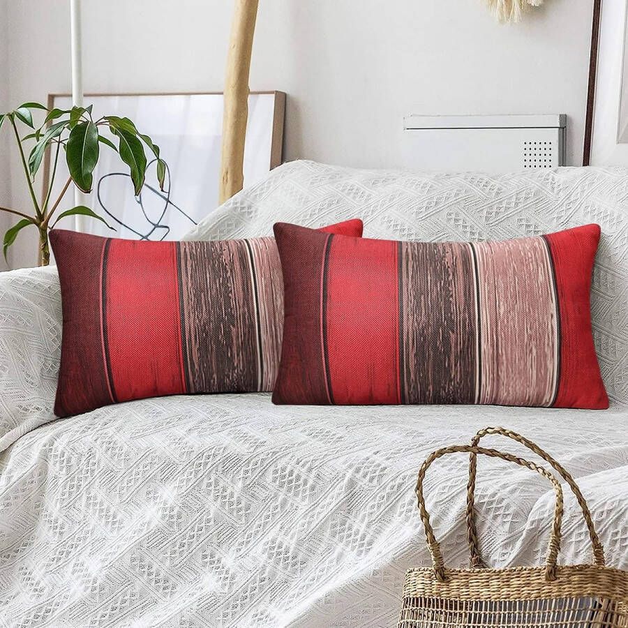 Kussenslopen rood 30 x 50 cm linnen sierkussen gekleurde strepen boerderij rustieke schuur houttextuur rood oranje grijs kussenhoes voor bank stoel balkon met onzichtbare