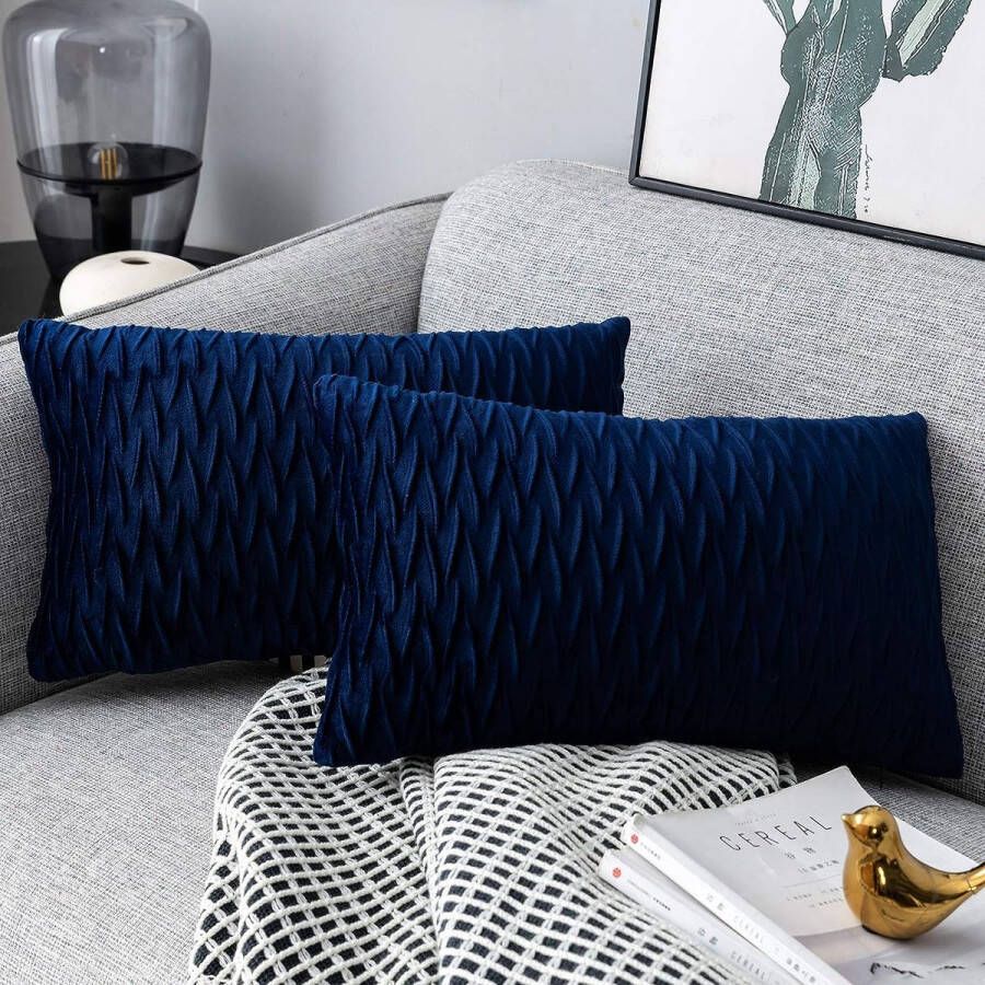 Kussenslopen set fluweel zacht solide decoratieve kussens voor sofa slaapkamer 30 cm x 50 cm 2-pack voor bank bed bank stoel slaapkamer en woonkamer marineblauw - Foto 1