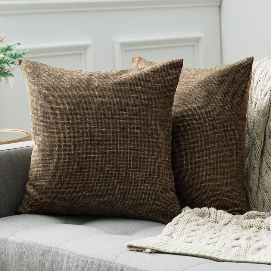 Set van 2 donkerbruine kussenslopen linnenlook decoratieve sierkussen kussenovertrek met verborgen ritssluiting voor bank en slaapkamer 50 x 50 cm