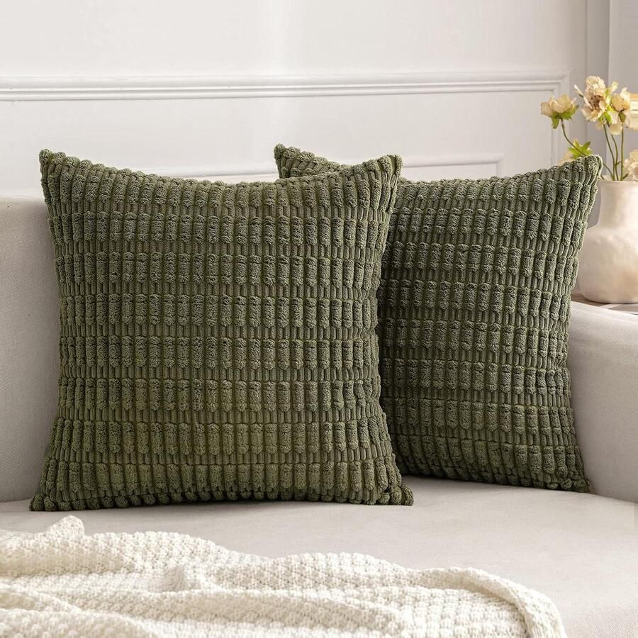 Kussenslopen corduroy set van 2 vierkant olijfgroen 50 x 50 cm rustiek modern woonkamer bank slaapkamer boerderij boho interieur