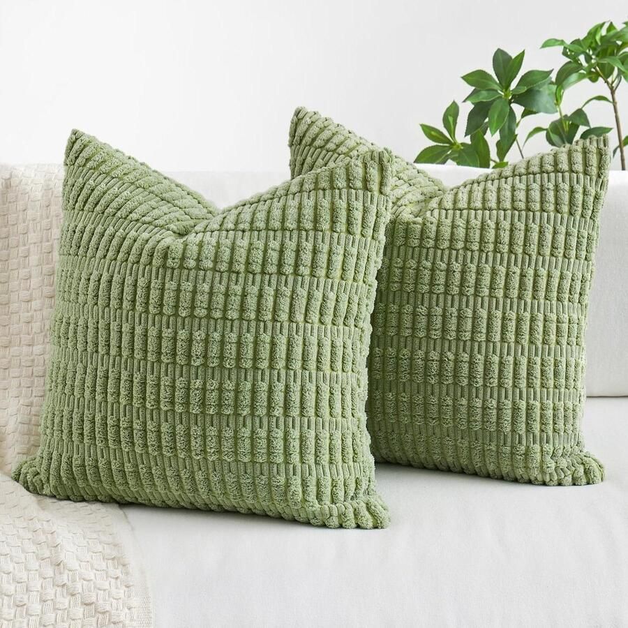 Kussenslopen set van 2 corduroy vierkant groen 40 x 40 cm woonkamer bank slaapkamer rustiek modern boerderij boho interieur