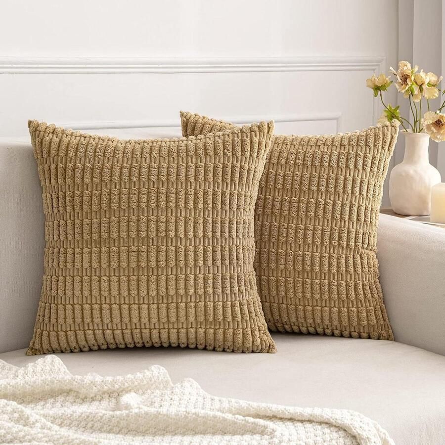 Kussenslopen set van 2 Corduroy Vierkant Kameel 50 x 50 cm Woonkamer Bank Slaapkamer Rustiek Modern Boerderij Boho interieur