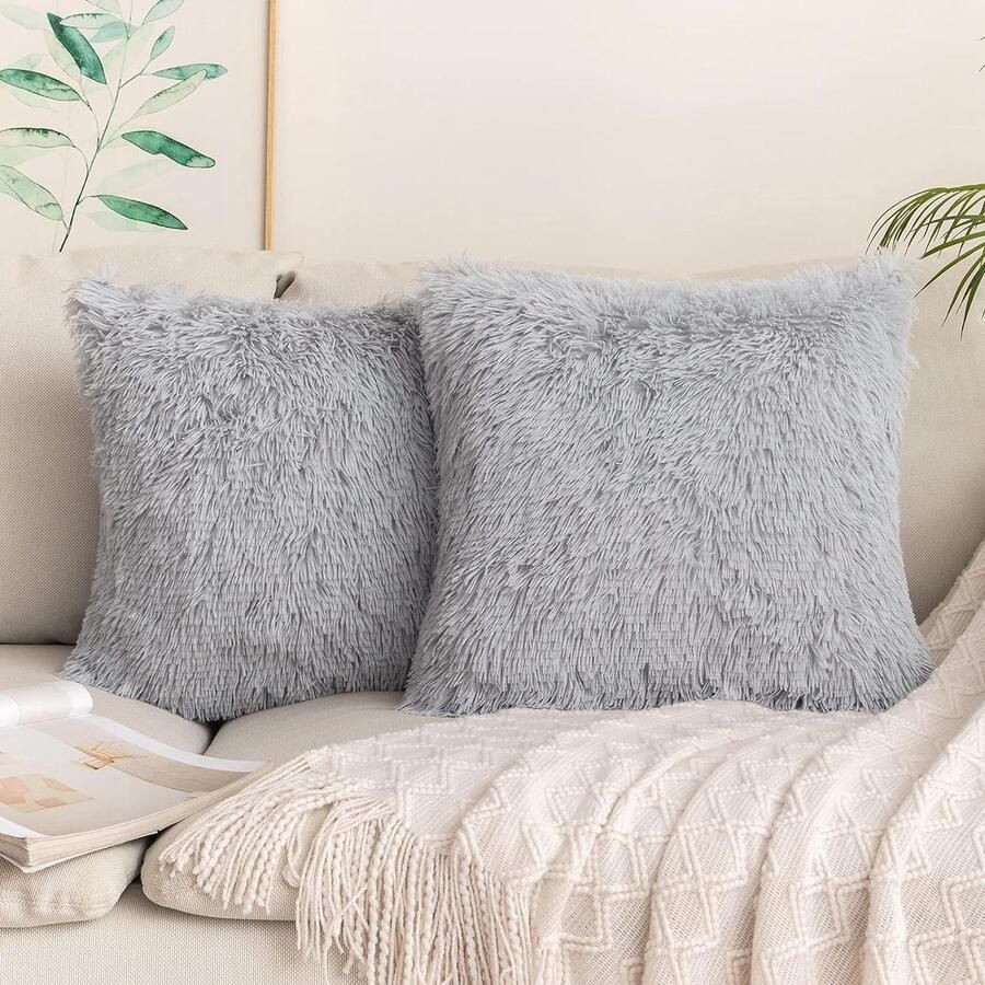 Kussenslopen set van 2 in imitatiebont pluizig zacht vierkant schattig pluchen kussenhoes voor woonkamer bank slaapkamer 50 x 50 cm grijswit