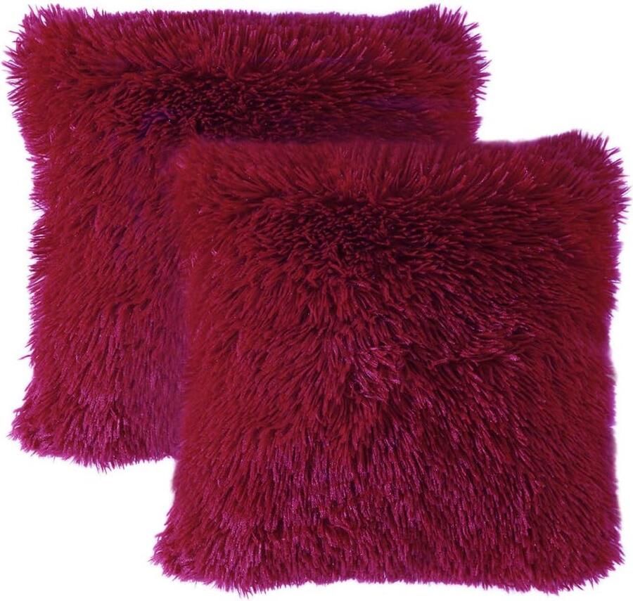 Kussenslopen set van 2 kunstbont pluizig knuffelig kunstbont kussenslopen voor bank woonkamer 40 x 40 cm wijnrood