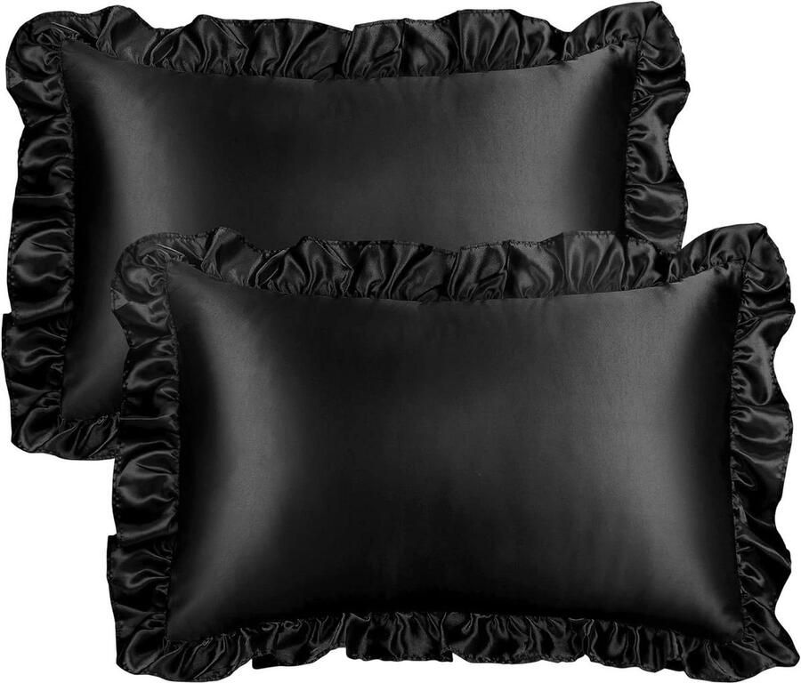 Kussenslopen Set van 2 Satijn 40 x 60 cm met Ruches Knuffelig Hotelsluiting Zwart Voor Woonkamer en Slaapkamer Bank 40 x 60 cm