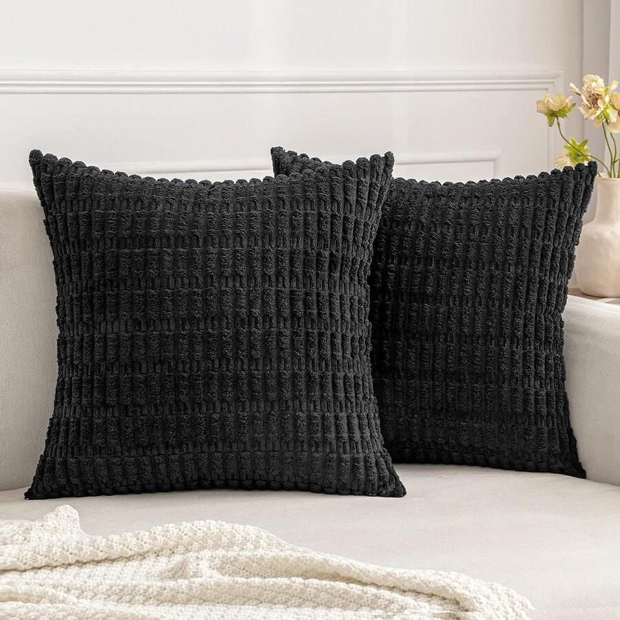 Kussenslopen set van 2 vierkant corduroy zwart 40 x 40 cm woonkamer bank slaapkamer rustiek modern boerderij boho interieur