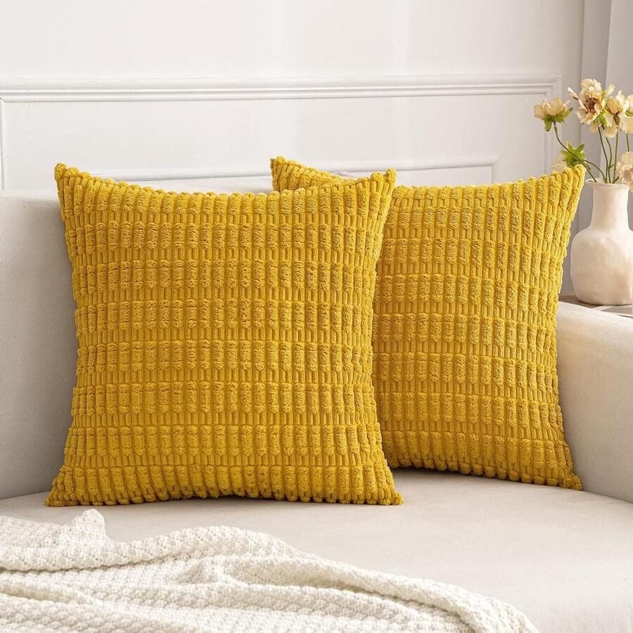 Kussenslopen set van 2 vierkant geel corduroy 40 x 40 cm woonkamer decoratie voor bank en slaapkamer rustiek modern boho interieur boerderij stijl