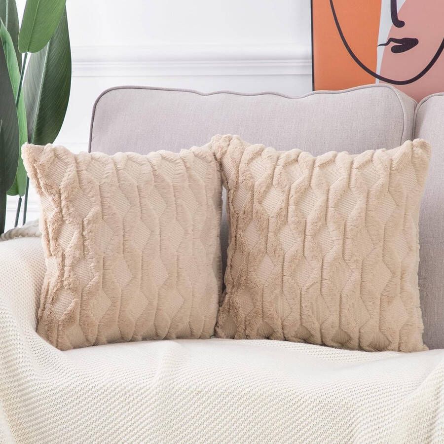 Set van 2 zachte pluche korte wol fluweel decoratieve sierkussenslopen luxe stijl kussenslopen voor bank voor slaapkamer kaki 30 x 30 cm vierkant
