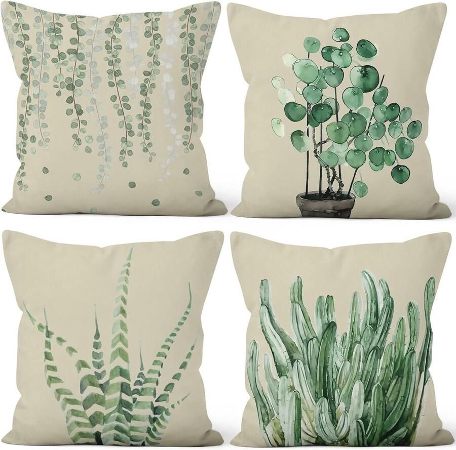 Kussenslopen Set van 4 Groene Planten Patroon Kussens voor Bank en Slaapkamer Zachte Pluche Kussenhoezen 55x55cm