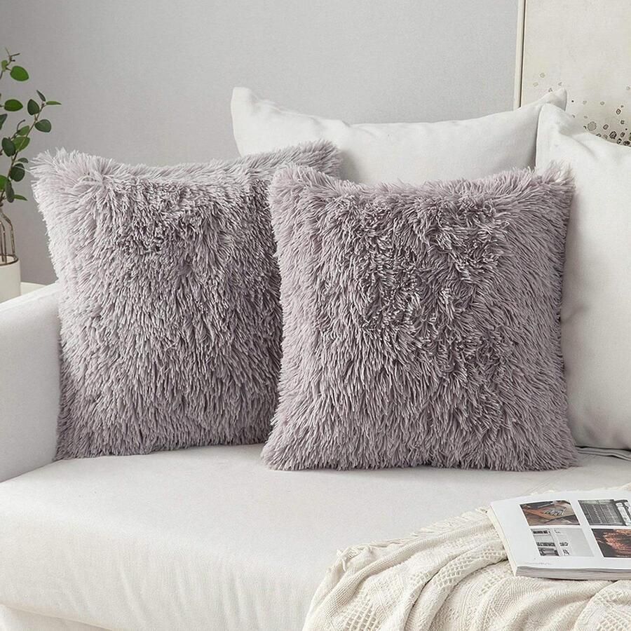 Kussenslopen uit imitatiebont pluizige zachte decoratieve vierkante schattige pluchen kussenhoes woonkamer bank slaapkamer grijs 45 x 45 cm set van 2