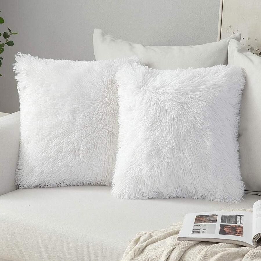 Kussenslopen imitatiebont pluizig zacht decoratieve vierkante kussenhoezen pluchen hoezen kunstbont woonkamer bank slaapkamer 50 x 50 cm wit set van 2