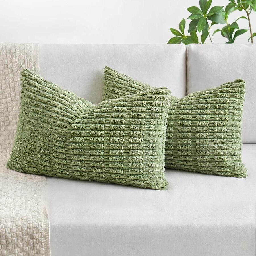 Kussenslopen Vierkant Corduroy Groen 30x50 cm Rustiek Modern Set van 2 voor Woonkamer Bank Slaapkamer Boerderij Boho Interieur