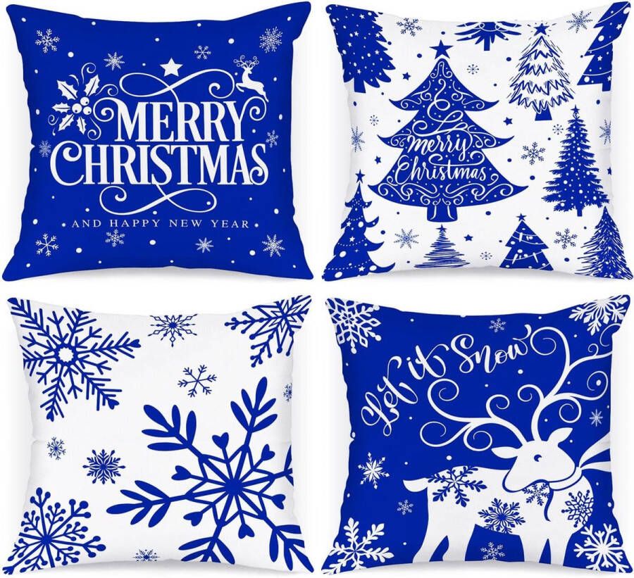 Kussenslopen voor kerst 4 stuks 45 x 45 cm cartoon hert sneeuwvlok winterkussensloop decoratie voor bank donkerblauw 45 x 45 cm