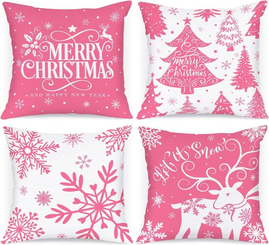 Kussenslopen voor kerst 4 stuks 50 x 50 cm cartoon hert sneeuwvlok winterkussensloop decoratie voor bank roze 50 x 50 cm