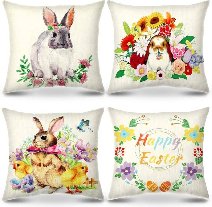 Kussenslopen voor Pasen 4 stuks paasdecoratie haas kussenslopen haasjes paaseieren linnen sierkussen cases thuis kussenovertrek 45 x 45 cm voor sierkussenovertrek voor bank slaapkamer
