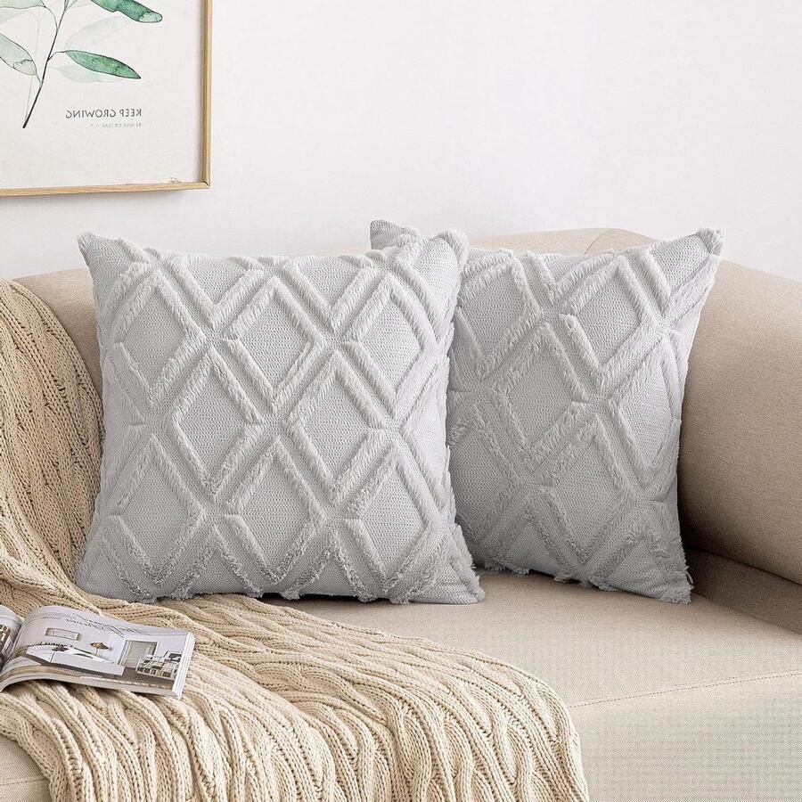 Kussenslopen set van 2 wol fluweel boho decoratief Sierkussens voor bank slaapkamer woonkamer 40 x 40 cm lichtgrijs