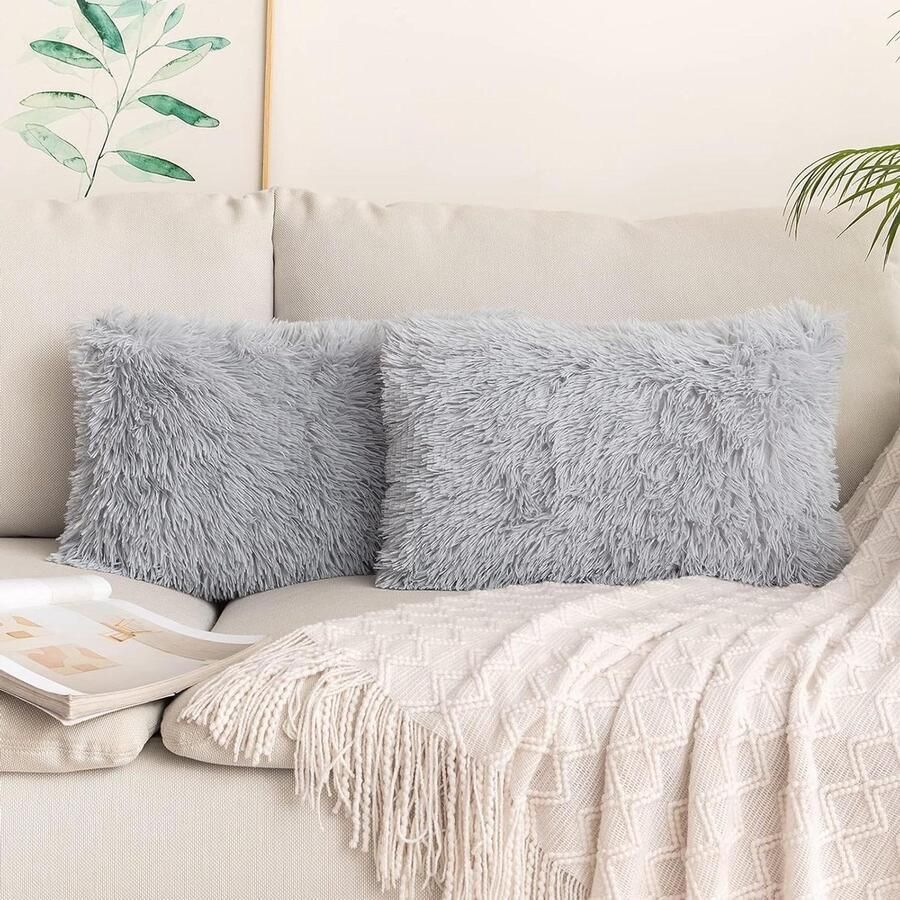 Kussenslopen voor tweepersoonsbed decoratieve moderne Shaggy elegant vierkant 2 stuks 40 x 60 cm lichtgrijs