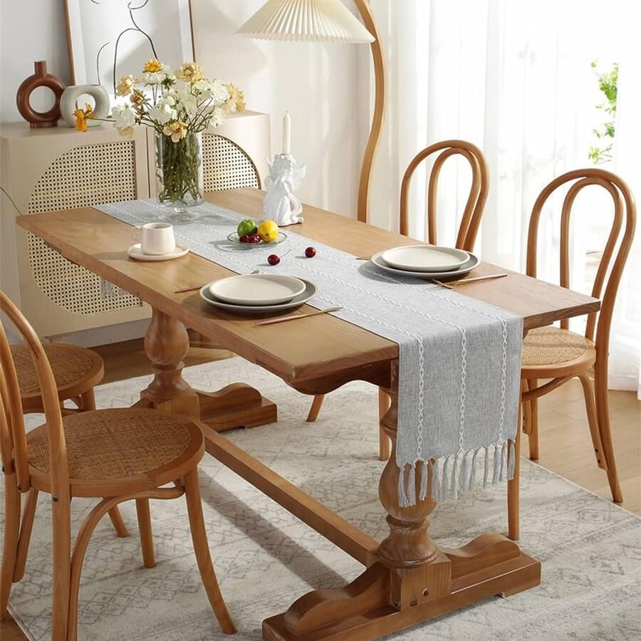 Kwastjes Tafelloper Rustiek Handgemaakt Grijs 32 x 200 cm