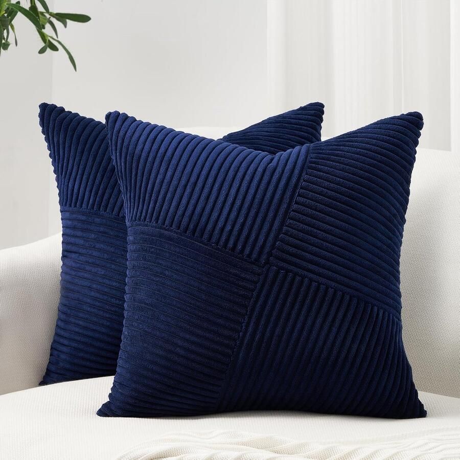 KZQ 2 stuks Kussensloop Zacht corduroy Patchwork textuur Vierkante kussenhoes Decoratieve kussenhoes voor woonkamer slaapbank (60x60cm) Marineblauw