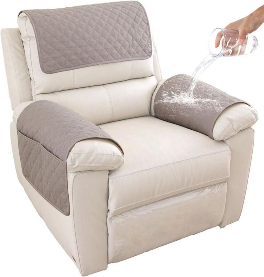 KZQ 3-delige Set Sofa Armleuning Hoes Kussen Armleuning Pad Fauteuil Armleuning Hoes Hoofdsteun Hoes Antislip Gewatteerde Meubelbeschermer Geruit lichtgrijs