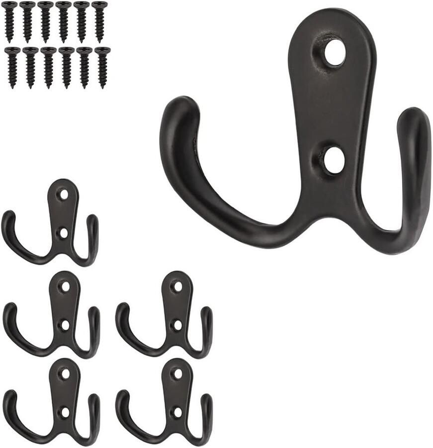 KZQ 6 stuks Dubbele haak Wandhaak Garderobekasthaak Meubelaccessoires met dubbele haak Metalen vintage kapstokhaak Met 12 schroeven Voor slaapkamer badkamer keuken Zwart